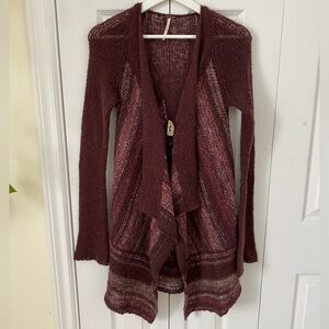 Free People Vintage striped waterfall long cardigan duster maroon large button
